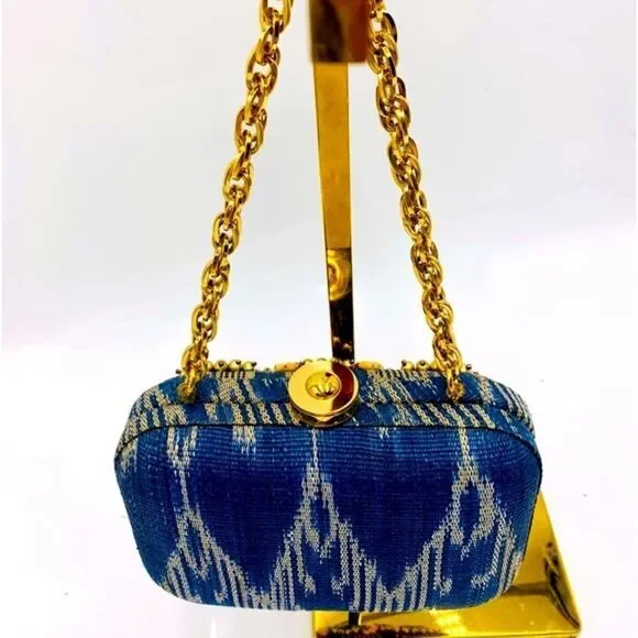 Auth Rafe Minaudière Beaded Boho Canvas Box Clutch Gold-Tone Chainlink Strap - Picture 8 of 15